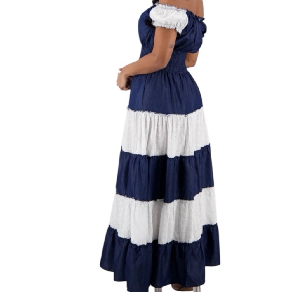 Indigo Coastline Boho Eyelet & Denim Soft Maxi Convertible On/Off Shoulder 96051 - Picture 2 of 2
